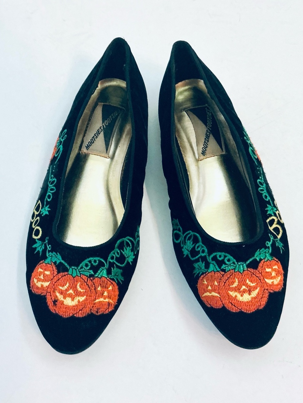 MOOTSIES TOOTSIES Vtg 90s Blk Velvet Ballet Flats Shoes Halloween Pumpkin Sz 8.5